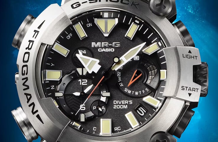 Часы Frogman MRG-BF1000RG отображают время погружения и время отдыха на поверхности под антибликовым сапфировым циферблатом. (Источник изображения: Casio)