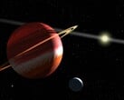 Иллюстрация с изображением планеты, луны и звезды.