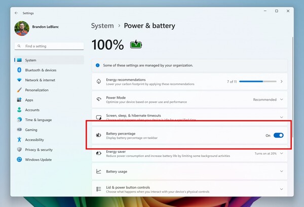В последней сборке Windows 11 Insider Build добавлена поддержка отображения процента заряда батареи на панели задач. (Источник изображения: Microsoft)