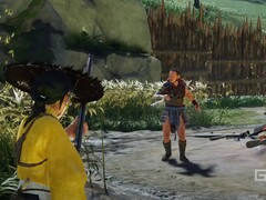 Атсу из Ghost of Yotei с оружием во вражеском лагере. (Источник изображения: PlayStation на YouTube, скриншот)