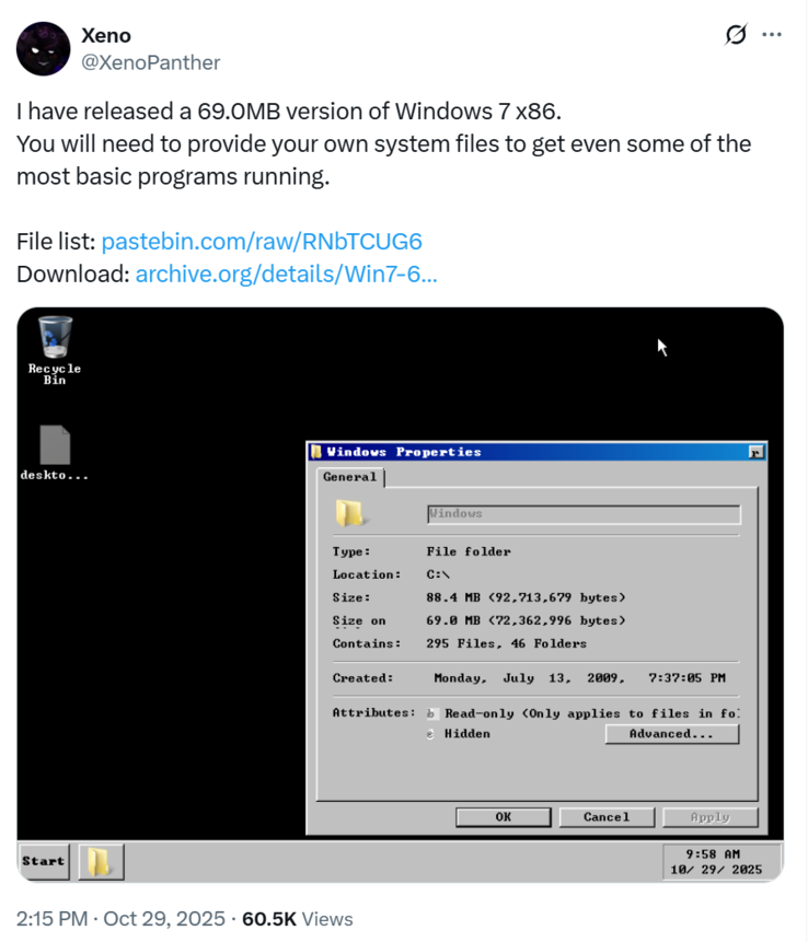 Windows 7 (на фото) загружается на рабочий стол в облегченной сборке @XenoPanther (Источник изображения: @XenoPanther)