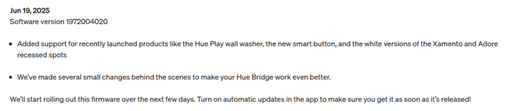 Примечания к выпуску версии программного обеспечения Philips Hue Bridge 1972004020. (Источник изображения: Philips Hue)