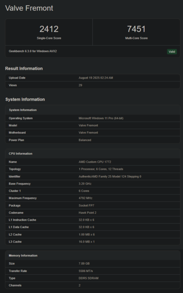 Листинг Valve Fremont Geekbench (источник изображения: Geekbench)