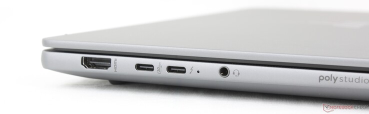 Слева: HDMI 2.1, USB-C (10 Гбит/с) w/ DisplayPort 2.1 + Power Delivery, USB-C (40 Гбит/с) Thunderbolt 4 w/ DisplayPort 2.1 + Power Delivery, гарнитура 3,5 мм