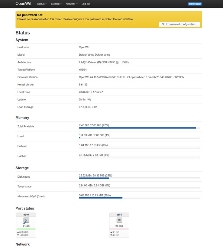 Мы вошли в OpenWRT через браузер - не забудьте установить новый пароль