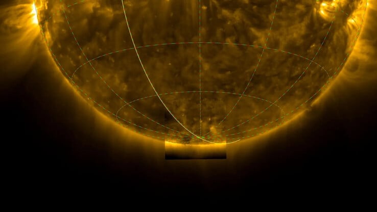 Космический аппарат Solar Orbiter сделал первые снимки южного полюса Солнца. (Источник изображения: ESA & NASA/Solar Orbiter/EUI Team, D. Berghmans (ROB))