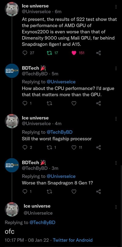 Печальная правда об Exynos 2200? (Изображение: @UniverseIce на Reddit - u/kfthebest97)