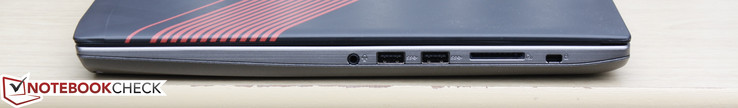 Справа: совмещённый аудиопорт 3.5 мм, 2x USB 3.0, картридер SD, Kensington Lock