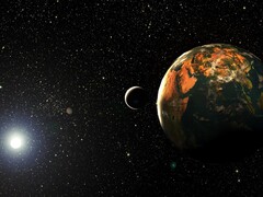 Иллюстрация художника, изображающая Землю и Солнце.