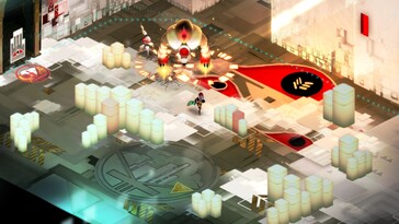 Изображение, показывающее битву в игре Transistor.