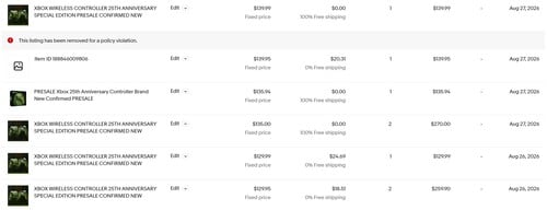 Отображаются данные о продажах беспроводного контроллера Xbox X25 Special Edition на eBay