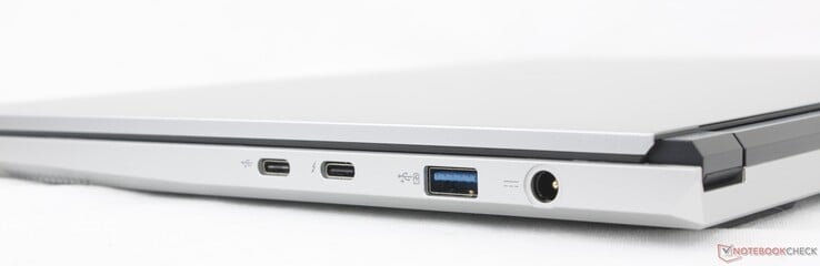 Справа: USB-C 3.2 Gen. 2 w/ Power Delivery, USB-C Thunderbolt 4 w/ DisplayPort 2.1 + Power Delivery, USB-A 3.2 Gen. 2, сетевой адаптер