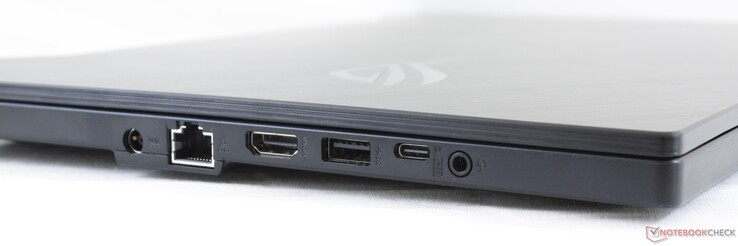 Левая сторона: разъем питания, гигабитный Ethernet, HDMI 2.0b, USB 3.1 Gen. 1 Type-A, USB 3.1 Gen. 2 Type-C + DisplayPort 1.4, комбинированный аудио разъем
