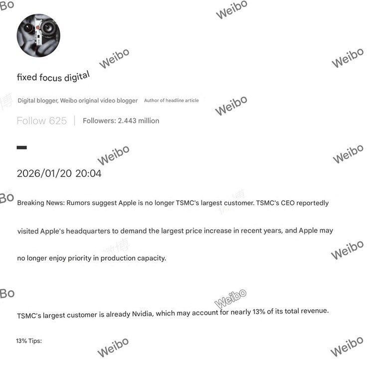 Apple больше не является крупнейшим клиентом TSMC и, возможно, больше не будет пользоваться приоритетным доступом. (Источник изображения: Fixed Focus Digital на Weibo)