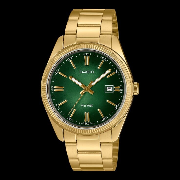 Новейшие доступные по цене нарядные часы Casio модели MTP-1302PGC-3AV сочетают в себе ярко-зелёный циферблат и рифлёный безель