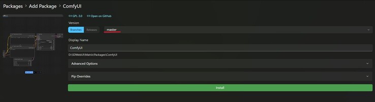 Снимок экрана хаба ComfyUI для установки в Stability Matrix, с красным выделением выпадающего меню выбора сборки. (Источник изображения: Windows Screen Capture)