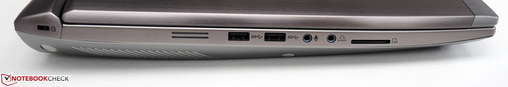 Слева: слот замка Kensington, 2 USB 3.0, 3.5 мм разъем микрофона, 3.5 мм аудио разъем, кардридер