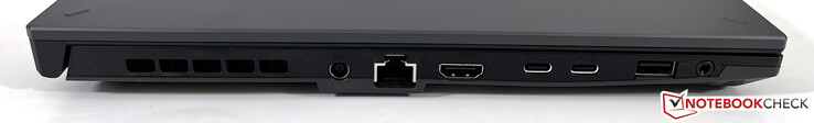 Левая сторона: разъем питания, Ethernet, HDMI 2.1 FRL, USB-C 4.0 (40 Гбит/с, DisplayPort, Power Delivery), USB-C 3.2 Gen.2 (10 GBit/s, Power Delivery, DisplayPort, G-Sync), USB-A 3.2 Gen.1 (5 Гбит/с), аудио разъем