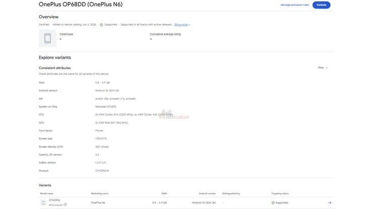 Описание OnePlus N6 в Google Play Console.