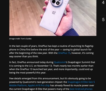 Tom's Guide первоначально сообщил о выпуске OnePlus 15 в США 13 ноября, но затем это упоминание было удалено из статьи. (Источник изображения: Tom's Guide)