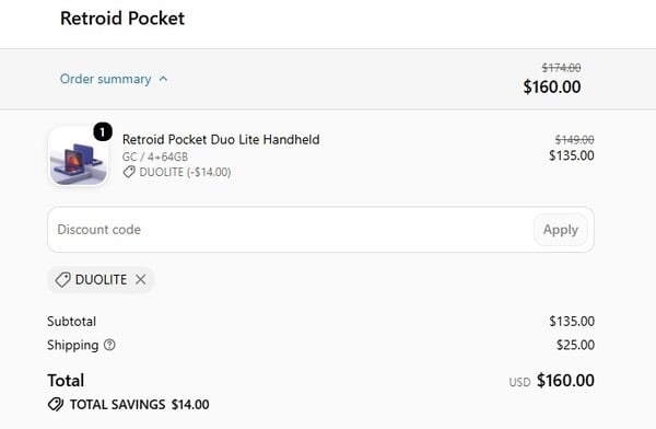 С помощью этого промокода цена на Retroid Pocket Duo Lite снижается на 14 долларов.