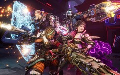 Охотники за хранилищами Borderlands 4 стоят спина к спине в бою с пылающим оружием