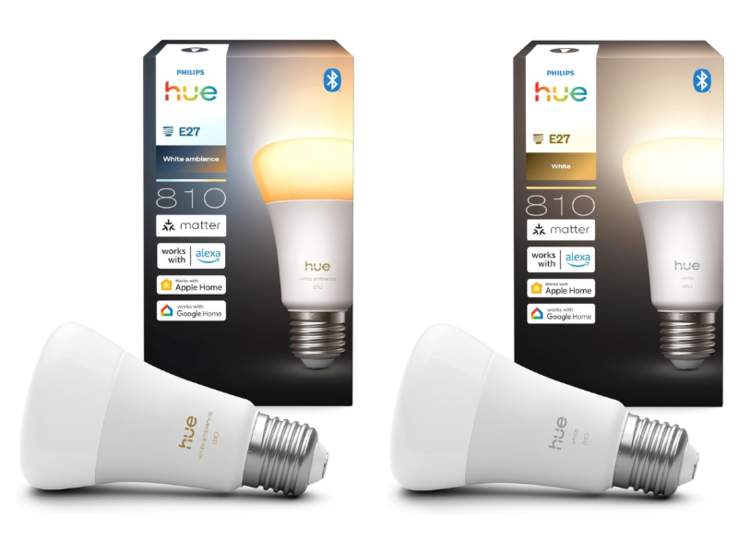 Умные лампочки Philips Hue A60 E27 White ambiance (слева) и White (справа) 810. (Источник изображения: Philips Hue)