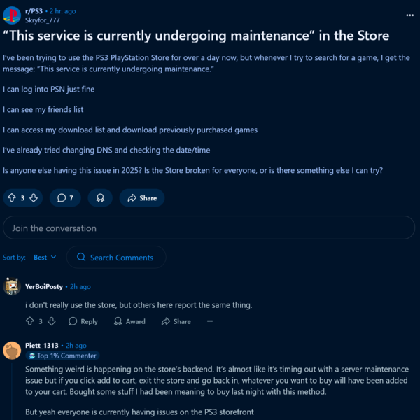 Сообщение Reddit о простое PS3 PlayStation Store (Источник изображения: скриншот, сабреддит PlayStation 3)