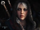 Рекламное изображение «Ведьмака 4»: крупный план Цири на фоне двух мечей