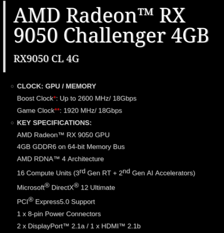 Снимок экрана со страницей технических характеристик модели RX 9050 Challenger 4 ГБ