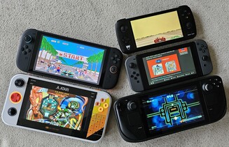 Gamestation Go сравнивается по размерам с Switch 2, Ayn Odin, Switch 1 и Steam Deck (слева направо сверху вниз, источник изображения: Марк Зандер, Notebookcheck)