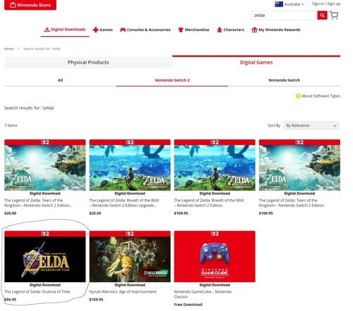 Цена на ремейк игры «Zelda: Ocarina of Time» указана в австралийском магазине Nintendo Store