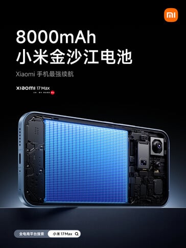 Xiaomi 17 Max оснащен аккумулятором емкостью 8 000 мАч.