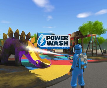 Игрок в PowerWash Simulator чистит красочную горку с динозаврами на детской площадке с помощью мойки высокого давления. (Источник изображения: Square Enix Collective)