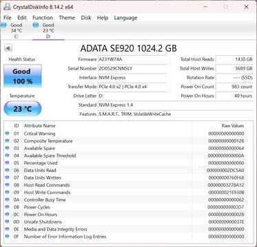 ADATA SE920 работает с интерфейсом PCIe 4.0 x2