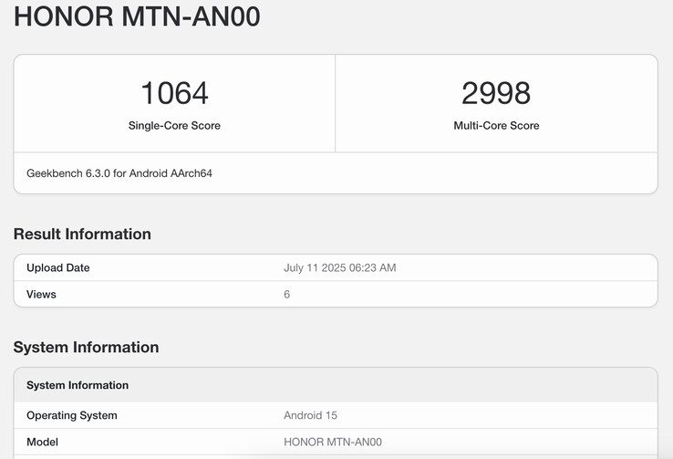 Листинг Geekbench 6 для Honor X70 показывает неудивительный потенциал производительности. (Источник изображения: Geekbench)