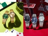 Рекламное изображение, на котором представлена коллекция MTP-B146 от Casio, включающая часы из нержавеющей стали серебристого и золотистого оттенков с циферблатами черного, голубого, зеленого и цвета «шампань», каждая модель которых оснащена изогнутым окошком для отображения дня недели в положении «12 часов».