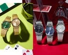 Рекламное изображение, на котором представлена коллекция MTP-B146 от Casio, включающая часы из нержавеющей стали серебристого и золотистого оттенков с циферблатами черного, голубого, зеленого и цвета «шампань», каждая модель которых оснащена изогнутым окошком для отображения дня недели в положении «12 часов».