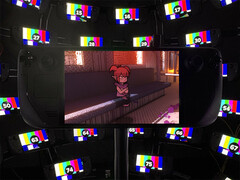 Все 9 игр можно приобрести всего за $10. На фото: Demon Turf, запущенная на Steam Deck, на фоне нескольких портативных компьютеров. (Источник изображения: Valve - отредактировано)