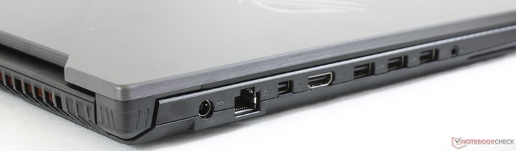 Левая сторона: разъем питания, гигабитный Ethernet, mDP 1.2, HDMI 2.0, 3x USB 3.1 Type-A, комбинированный аудио разъем
