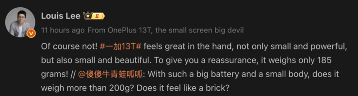 Вес OnePlus 13T раскрыт. (Источник изображения: Weibo - машинный перевод)