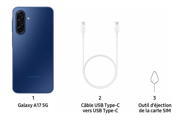 Модель Galaxy A17 5G будет поставляться только с кабелем USB-C и выталкивателем SIM-карт. (Источник изображения: Samsung)