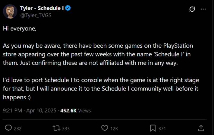 Разработчик Schedule 1 на консольном порту X post (Источник изображения: скриншот, аккаунт Tyler_TVGS X)