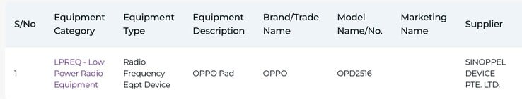 Сведения IMDA о планшете Oppo с номером модели «OPD2516».