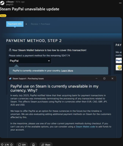Сообщение службы поддержки Steam об использовании PayPal при оформлении заказа (Источник изображения: скриншот, Steam subreddit)