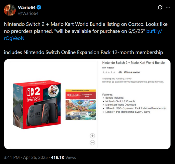 Сообщение Wario64 Costco Switch 2 Bundle X (Источник изображения: скриншот, аккаунт Wario64 X)