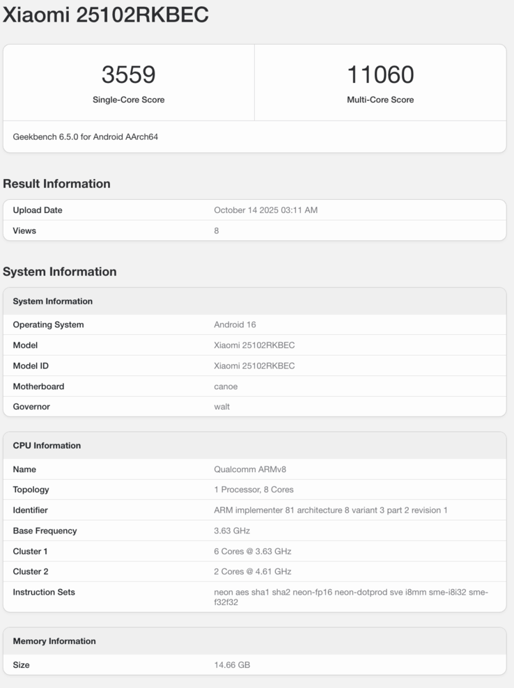 Листинг Geekbench Redmi K90 Pro. (Источник изображения: Geekbench)