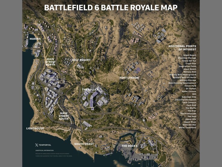 Предполагаемая карта Battlefield 6 battle-royale с указанием мест и точек интереса. (Источник изображения: Battlefield subreddit, via temporyal)