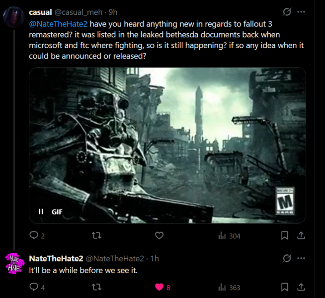 Сообщение NateTheHate X о ремастере Fallout 3 (Источник изображения: скриншот, аккаунт NateTheHate2 X)