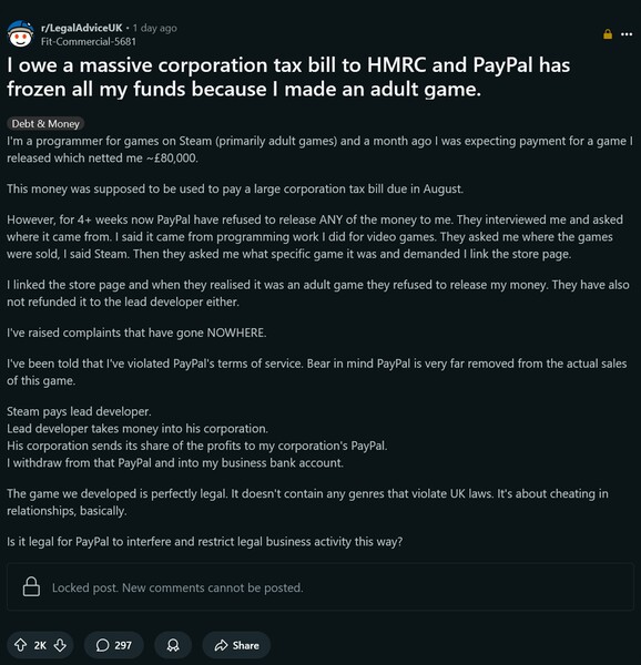 Сообщение Reddit о споре PayPal с программистом игр для взрослых (Источник изображения: скриншот, сабреддит Legal Advice UK)